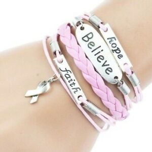 12-PK, Leather Pink Breast Cancer Ribbon Bracelet